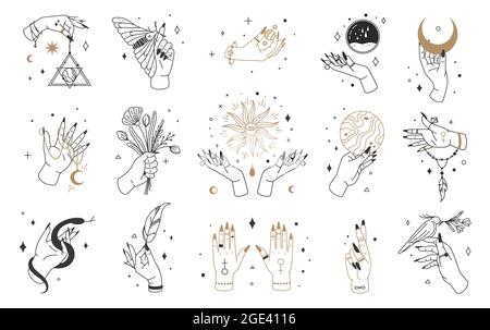 Mystische Hexenhänden, weibliches Handlogo mit esoterischen Elementen. Magische Kristalle, Mond, Schmuck in den Händen. Boho Witchcraft Tarot Karten Vektor-Set. Mit Blumenstrauß, Insekten oder Vögeln Stock Vektor