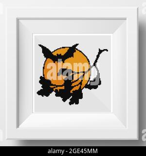 Halloween Kreuzstich Dekoration. Mond und eine fliegende schwarze Fledermaus. Abbildung der Kreuzstich-Stickerei. Imitation von gestrickter Leinwandstruktur. Gerahmt Stockfoto