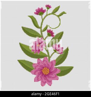 Schöne lila Blüten auf weißem Hintergrund. Abbildung der Kreuzstich-Stickerei. Imitation von gestrickter Leinwandstruktur. Stoffdekor, wunderschön Stockfoto