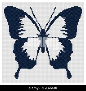 Realistischer Blauer Schmetterling. Abbildung der Kreuzstich-Stickerei. Imitation von gestrickter Leinwandstruktur. Stoffdekor, schöner Kreuzstich, Hand e Stockfoto
