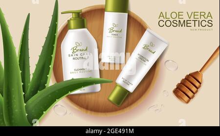 Aloe Vera Kosmetik Vektor realistisch. Trinkcreme Produkte Platzierung Mock up Flaschen. Verpackung Design Label Lotionen. Spritzwasser fällt nach hinten aus Stock Vektor