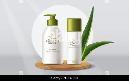 Aloe Vera Kosmetik-Produkte Vektor realistisch. Produktplatzierung Nachbau von Flaschen. Verpackung Design Label Lotion Stock Vektor