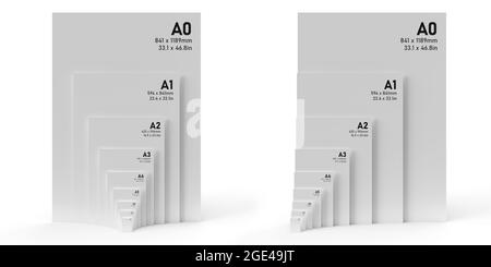 Internationale PAPIERFORMATE DER A-Serie von A0 bis A8, mit schwarzem Text auf weißem Strukturpapier und isoliert auf weißem Hintergrund. Stockfoto