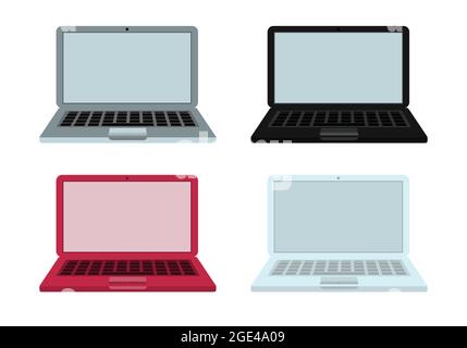 4 Laptops – weiß, grau, schwarz und rot, Vorderansicht, auf weißem, isoliertem Hintergrund. Vektorgrafik Stock Vektor
