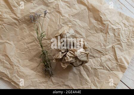 Getrocknete Lavendel-Zweige auf zerknittertem Kraftpapier. Hintergrund für einen Blumenladen, Website, im rustikalen Stil.Eco Lifestyle-Konzept mit organischen Materialien. Stockfoto