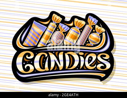 Vektor-Logo für Bonbons, dunkle dekorative Tafel mit Illustration von verschiedenen Bubblegums und leckeren Süßigkeiten in Reihe, Poster mit einzigartigem Pinsel-Letterin Stock Vektor