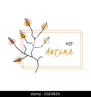 Banner hallo Herbstschrift mit kritzelnden Physalis-Zweig, Handzeichnung, Tracing, isoliert, auf weißem Hintergrund, für Ihr Design. Vektorgrafik Stock Vektor