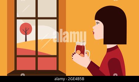 Herbstsaison. Vektorgrafik in flacher Ausführung. Mädchen mit Glühwein in den Händen schaut zum Fenster Stock Vektor