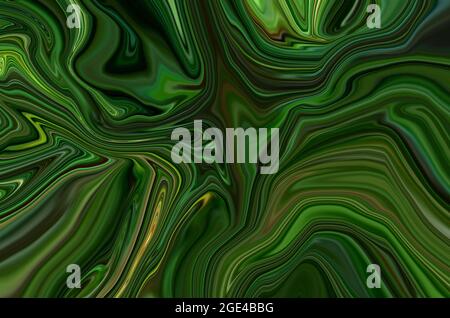 Dark Green Psychedelische Flüssigkeit Marmor Flüssigkeit abstrakte Kunst Hintergrund Design. Trendiger, eleganter, flüssiger Marmor-Stil. Ideal für Web, Werbung, Drucke. Stockfoto