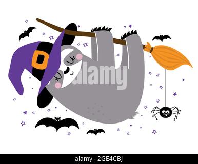 Happy Halloween - lustiges Faultier, das am Broomstick hängt. Faultier-Doodle zum Drucken zeichnen. Entzückendes Poster für Halloween-Party, gut für T-Shirts, Geschenke, Tassen Stock Vektor