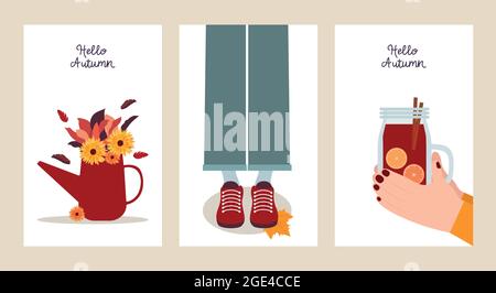 Hallo Herbst. Set von Postkarten-Vorlagen in flachem Design. Drei bunte Banner mit Herbstabbildungen. Herbststrauß, Glühwein und Blattfall Stock Vektor