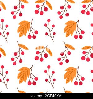 Leuchtendes, nahtloses Muster mit Herbstbeeren und goldenen Blättern. Vektor handgezeichnete Illustration in Cartoon-Flat-Stil. Perfekt für Karten, Geschenkpapier Stock Vektor