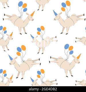 Geburtstagsfeier Lama in einer Mütze fliegt auf Ballons nahtloses Muster mit lustigen Lamas Alpakas für Cover, Geschenkpapier, Hintergrund-Vektor-Illustration Stock Vektor