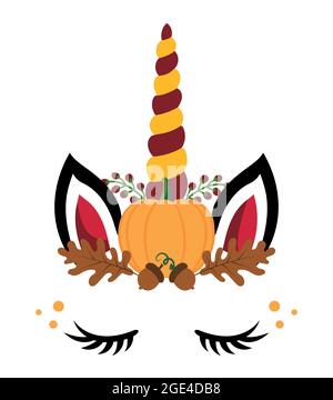 Einhorn Blume Stirnband Kranz, Einhorn Kopf mit Blumenkrone, Einhorn Gesicht. Vektor-Illustration für Karten- und Hemddesign für Herbstferien. Glücklich Stock Vektor