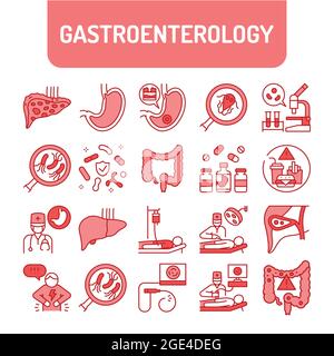 Symbole für die Farbleitung der Gastroenterologie eingestellt. Abdominale ärztliche Untersuchung. Piktogramme für Web, mobile App, Promo. UI-UX-Designelemente. Bearbeitbare Kontur. Stock Vektor