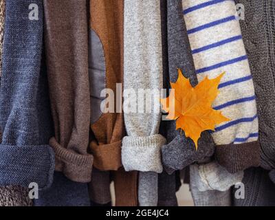 Herbst- und Winterkleidung hängt an Kleiderbügeln in der Garderobe. Keine Leute, Nahaufnahme. Konzept von Schönheit und Mode Stockfoto