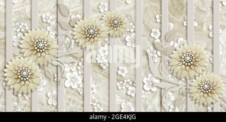 3d Tapete, Schmuck Dahlia Blumen auf Marmor Hintergrund Blumen auf Marmor Hintergrund Stockfoto