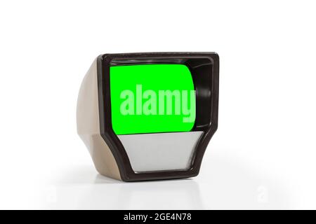 Alter Diabetrachter mit chromgrünem Bildschirm und weißem Hintergrund. Stockfoto