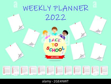 Zurück zur Schule Wochenplaner mit leeren Sticker und Runde mit Kindern verschiedener Rassen. Stock Vektor