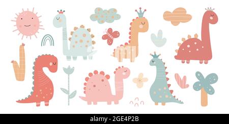 Dinosaur Girls Cute Vector Set mit Pflanzen, Bäumen, Steinen in trendigen Farben Einfache Kinderzimmer Kunst für Baby Mädchen niedlichen Druck. Stock Vektor