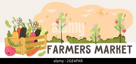 Bauernmarkt und Erntefest Banner oder Flyer-Vorlage mit Box voller Gemüse. Öko-Farm und Lieferung von frischem Gemüse, veganes Lebensmittelgeschäft adve Stock Vektor