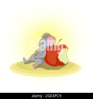 Vektorbild einer Maus mit einem nagten Apfel. Serie von Illustrationen. Kalenderelement Stock Vektor