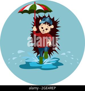 Vektorbild eines Igels mit einem Regenschirm in der Hand. Aus einer Reihe von Illustrationen mit einem Igel Stock Vektor