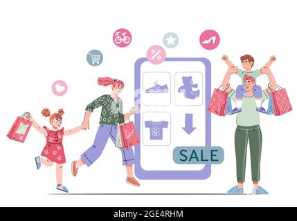 Familie Kauf von Kleidung und Waren auf Online-Shop Verkauf, flache Cartoon-Vektor-Illustration isoliert auf weißem Hintergrund. Online-Shop Verkauf Event und intern Stock Vektor