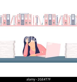 Müde und überfordert Frau an einem Bürotisch zwischen einem Stapel von Papieren und Dokumenten. Vektorgrafik. Stock Vektor