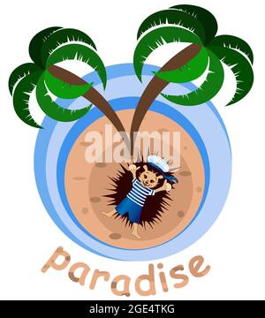 Vektorbild eines Igels auf einer Insel unter einer Palme. Serie von Illustrationen Stock Vektor