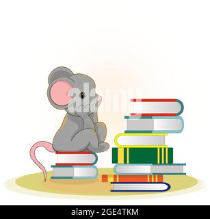 Vektorbild einer Maus. Serie von Illustrationen. Eine Maus, die zwischen Büchern sitzt Stock Vektor