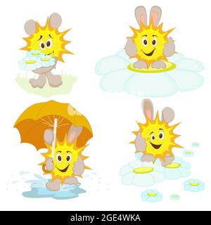 Vektorbild eines Sonnenstrahls mit Gänseblümchen und Regenschirm Stock Vektor