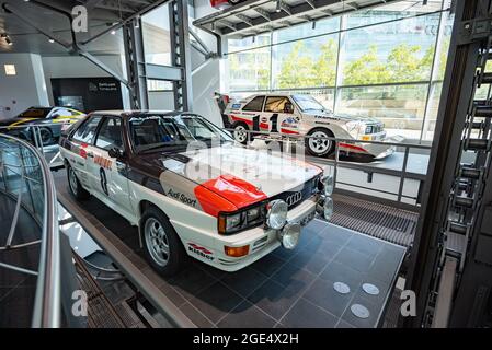 Das erste und letzte Audi Coupé Quattro von 1980 und 1987 im Audi Museum Mobile Stockfoto