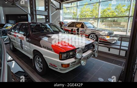 Das erste und letzte Audi Coupé Quattro von 1980 und 1987 im Audi Museum Mobile Stockfoto