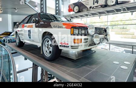 Das erste Audi quattro Rallycar aus dem Jahr 1980, zu sehen im Audi Museum Mobile, Ingolstadt, Deutschland. Stockfoto