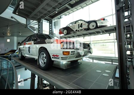 Das erste Audi quattro Rallycar aus dem Jahr 1980, zu sehen im Audi Museum Mobile, Ingolstadt, Deutschland. Stockfoto