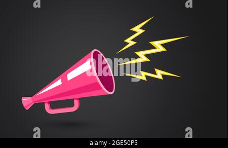 Vector Vintage Poster mit retro rosa Megaphon auf schwarzem Hintergrund. Retro-Megaphon auf dunklem abstraktem Hintergrund zum Verkauf. Stock Vektor