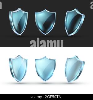 Realistische Vektorgrafiken mit Glasabschirmung. Leere blanke transparente blaue Acrylglasscheibe mit Reflexion und Glanz. Stock Vektor