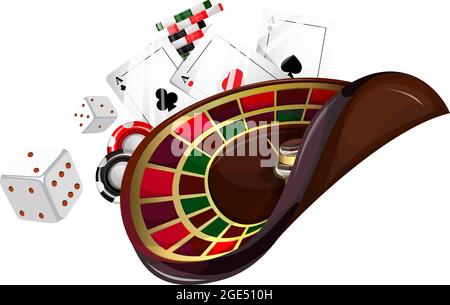 Vector konzeptuelles Bild für ein Glücksspiel-Establishment. Spielkarten, Pokerchips, Roulette scheinen in der Schwerelosigkeit zu schweben. Poker Glücksspiel Mobile App ic Stock Vektor
