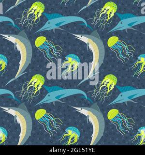 Vektor nahtloses Muster mit Fischen und Quallen. Cartoon bemalte Quallen und Schwertfisch. Meeresmuster Stock Vektor