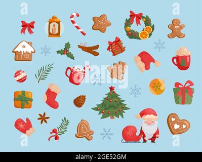Set von Weihnachten Vektor-Illustrationen im Cartoon-Stil. Isoliert auf einem blauen Hintergrund Weihnachtsbaum, weihnachtsmann, Dekorationen, Schneeflocken, Lebkuchen und mehr Stock Vektor