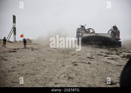 Ein luftgedämpftes Landungsschiff (LCAC), das der Assault Craft Unit Five (ACU-5) zugewiesen wurde, wird von Seglern der Beach Masters Unit One (BMU-1) vor dem Silver Strand in Coronado, CA, geführt. Stockfoto