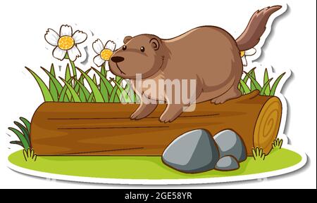 Niedlicher Otter, der auf einer Abbildung mit einem Holzaufkleber steht Stock Vektor