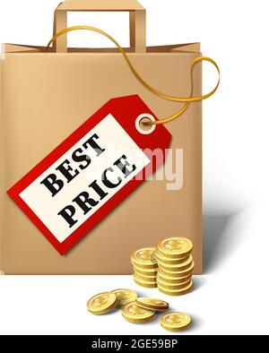 Realistische Vektor besten Preis-Symbol mit Cartoon Papiertasche, Preisschild und goldenen Münzen. Stock Vektor