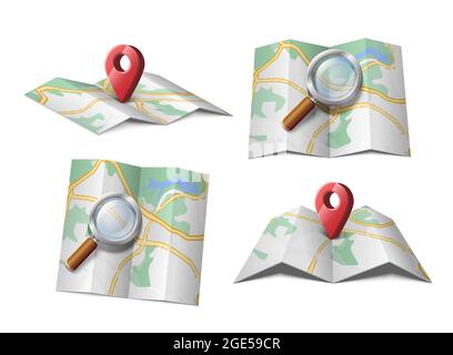 Kartensymbol mit Lupe oder rotem GPS-Pfeil. Stock Vektor