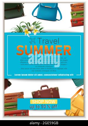 Reisesbanner. 3d realistisches Gepäck, Sommer Reise Tourist Konzept Flyer. Stock Vektor
