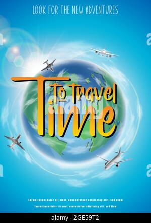 Time to travel Banner mit grünem Globus und fliegenden Flugzeugen. Stock Vektor