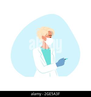 Weibliche Medic in Maske mit Spritze in der Hand, Arzt bereitet sich auf die Injektion, Vektor-Charakter in flachen Stil Stock Vektor