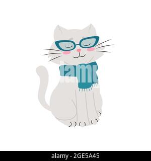 Weiße Katze mit Brille und Schal um den Hals, lustige Haustiere, Vektorgrafik. Isoliert Stock Vektor