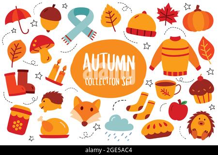 Herbstkollektion mit flacher Farbgebung. Symbol für die Herbstsaison. Stock Vektor